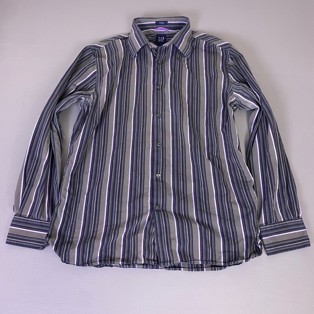 Gap Button Up Shirt Mens Large Fitted Long Sleeve Striped Grey Purple Navy *Flaw